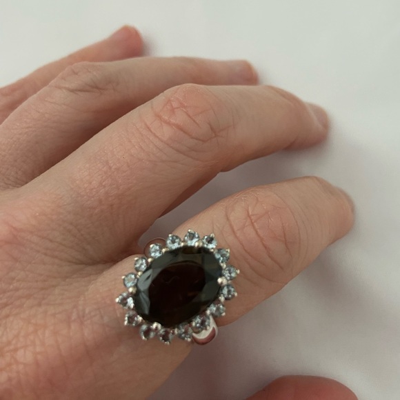 Smokey Quartz surrounded by Aquamarine Sterling Silver Ring sz 7.25 - Picture 1 of 7